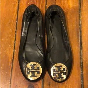 Torey Burch black with gold logo ballet flats